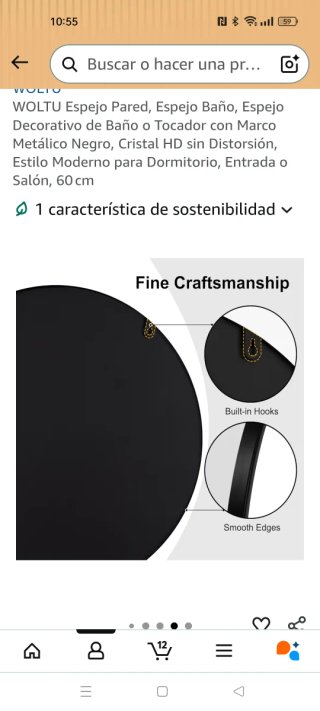 Espejo Pared WOLTU Negro 60cm. Cristal roto