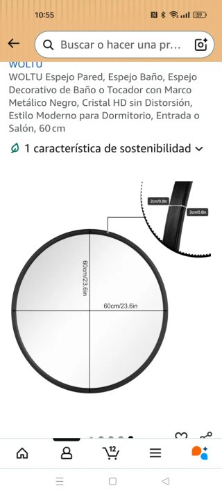 Espejo Pared WOLTU Negro 60cm. Cristal roto