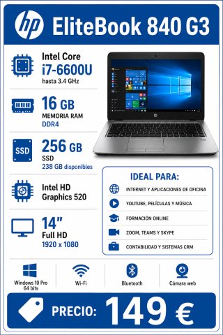 Portátil HP 840 G3 Intel i7 16GB RAM