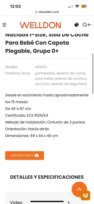 Silla de coche bebés Grupo 0+ con capota WELLDON