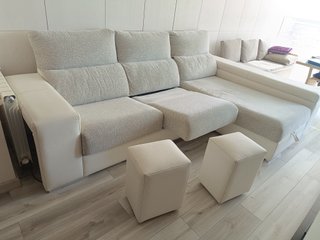 Sofá Chaise Longue Piel y Tela Beige