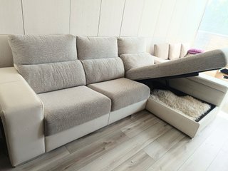 Sofá Chaise Longue Piel y Tela Beige