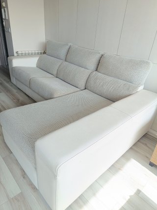 Sofá Chaise Longue Piel y Tela Beige