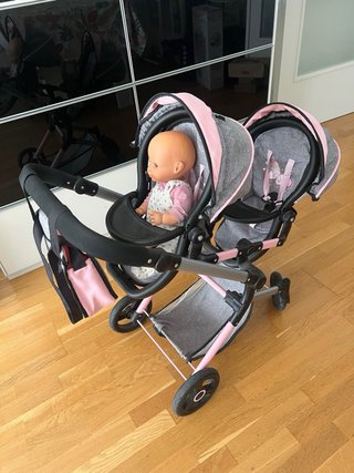 Carrito gemelar muñecas rosa y gris