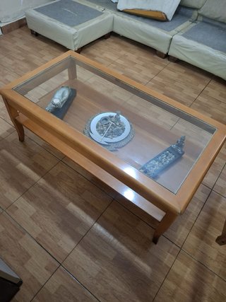 Mesa auxiliar elevable cristal y madera