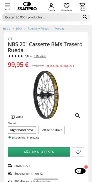 Rueda Trasera GT NBS BMX 20" RHD.