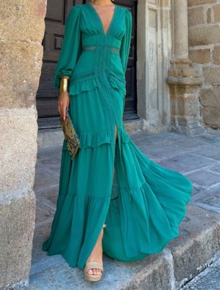 Vestido largo verde con volantes