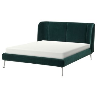 Cama tapizada TUFJORD verde con cabezal Ikea