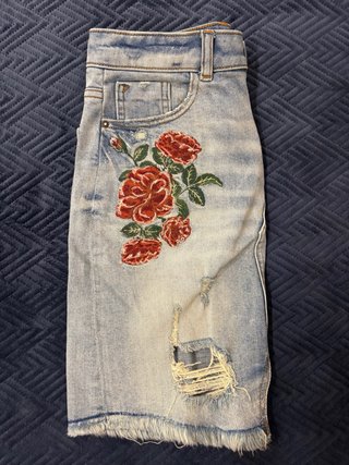 Saia Zara Ganga Denim Bordada Rosas