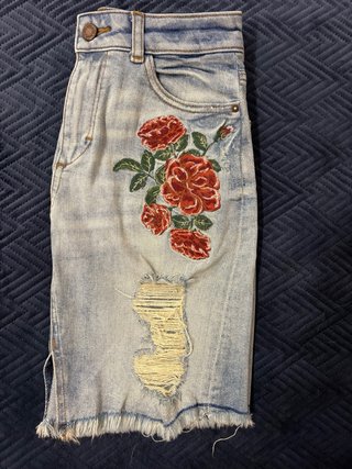 Saia Zara Ganga Denim Bordada Rosas