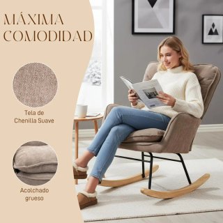 Silla Mecedora Tela Beige Patas Madera