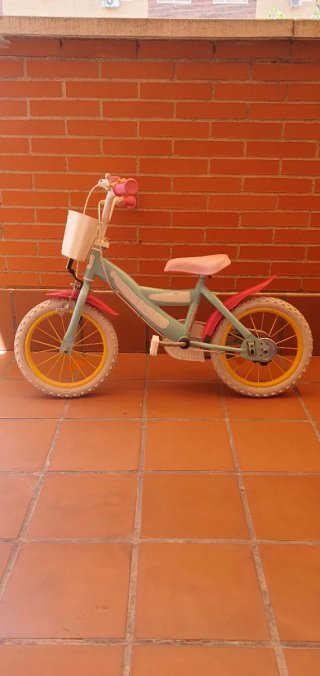 Bicicleta infantil verde y rosa