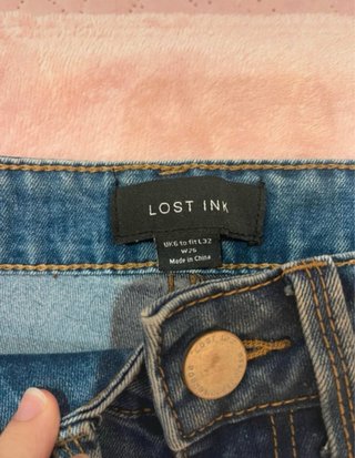 Lost Ink Pantalon vaquero recto roto azul 36 nuevo