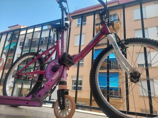 Bicicleta infantil y patinete morado