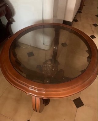 Mesa antigua de nogal y cristal 60x50, como nueva