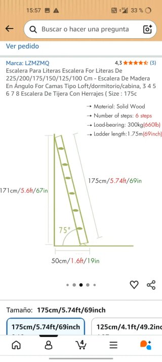 Escalera para litera de madera 175cm