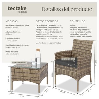 Conjunto de ratán para 2 personas con 2 juegos de fundas, natural
