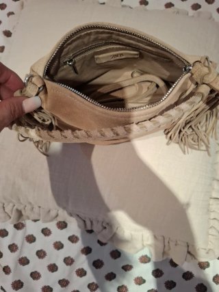 Bolso piel auténtica flecos beige