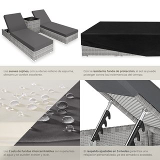 Conjunto de 2 tumbonas y mesa de poliratán, gris