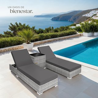 Conjunto de 2 tumbonas y mesa de poliratán, gris