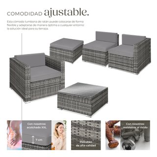 conjunto ratán 6 piezas cojines acolchados mesa cristal gris