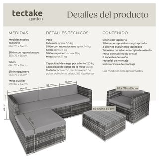 conjunto ratán 6 piezas cojines acolchados mesa cristal gris