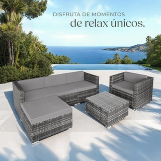 conjunto ratán 6 piezas cojines acolchados mesa cristal gris