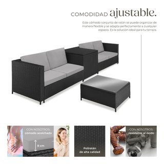 Conjunto de ratán para 4 personas, caja de almacenaje, negro/gris