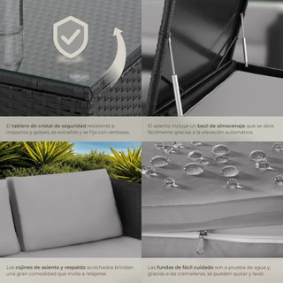 Conjunto de ratán para 4 personas, caja de almacenaje, negro/gris