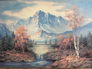 Cuadro paisaje montañas y cascada