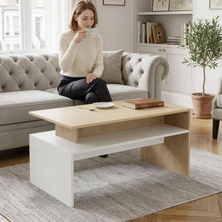 Mesa de centro salón madera y blanca