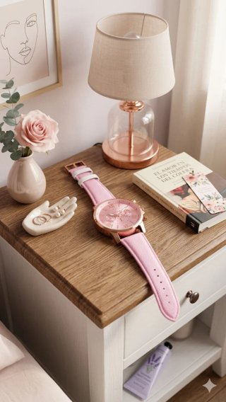 Reloj de cuarzo rosa y dorado. Mujer. Con estuche