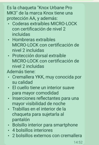 Chaqueta motera Knox Urban Pro Motera Nueva.