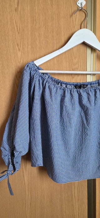 Blusa Zara Talla L Cuadros Azul Hombros Descubiert