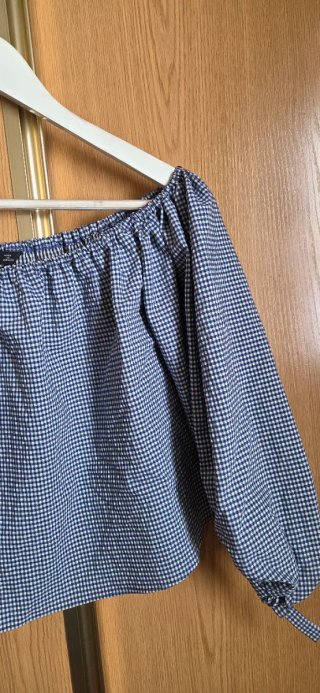 Blusa Zara Talla L Cuadros Azul Hombros Descubiert