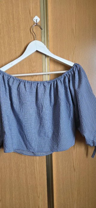 Blusa Zara Talla L Cuadros Azul Hombros Descubiert