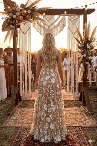 Vestido Novia Flores 3D Beige Blanco