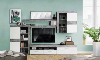 Mueble de salón modular gris y blanco