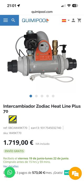 Intercambiador calor Zodiac con bomba recirculacio