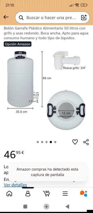 Bidón Garrafa Plástico Alimentario 50L