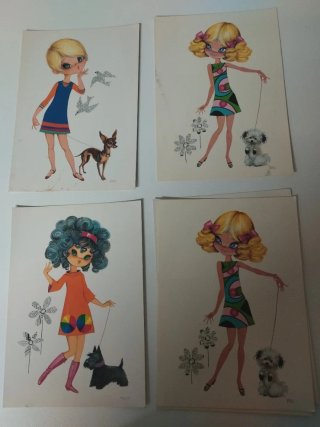 Postales Vintage Años 70 Niñas y Perros