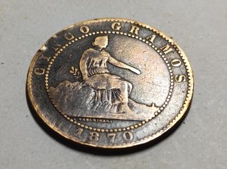 Moneda 5 Céntimos Bronce 1870 España