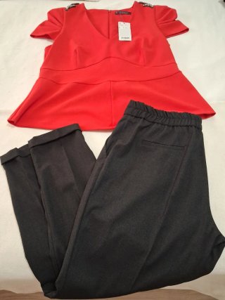 Conjunto Blusa Roja y Pantalón Gris Talla L