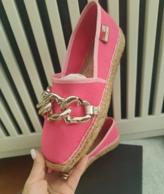 Love Moschino Mocassini Tela Rosa Catena Argento
