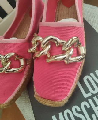 Love Moschino Mocassini Tela Rosa Catena Argento