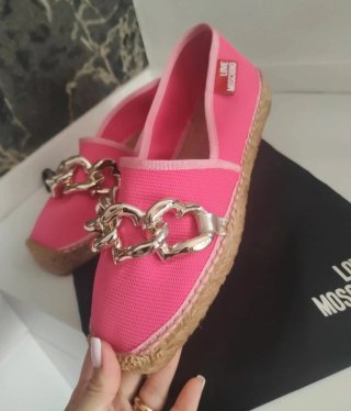 Love Moschino Mocassini Tela Rosa Catena Argento