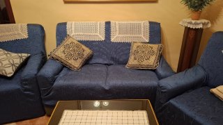 Sofá modular azul y beige
