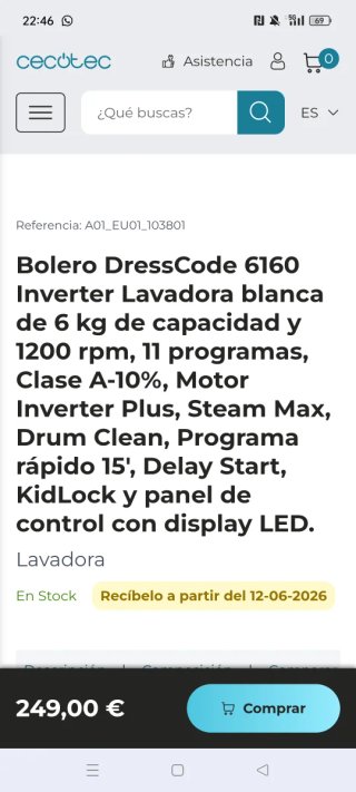 Lavadora Cecotec 6kg A