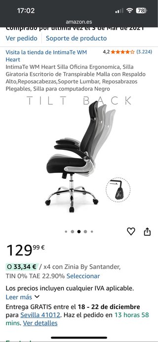 Silla giratoria de escritorio. Con respaldo alto.