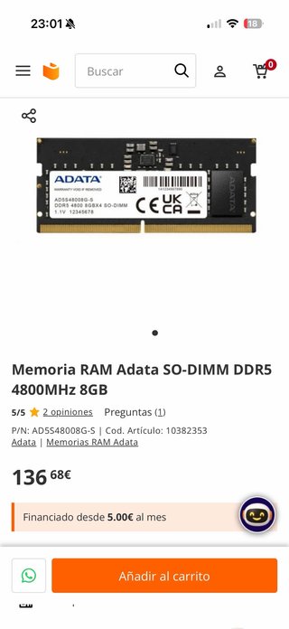 Memoria RAM Adata DDR5 8GB 4800MHz SO-DIMM